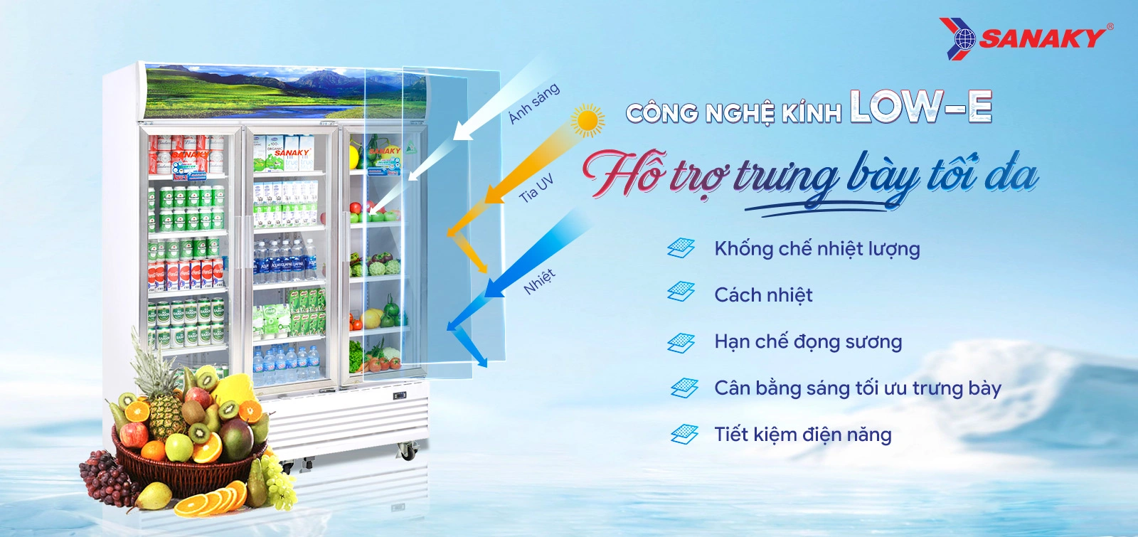 Công nghệ kính Low-E hỗ trợ trưng bày tối đa Công nghệ kính Low-E trên tủ mát 1400 lít Sanaky Inverter VH-1520HP3 hỗ trợ trưng bày tối đa