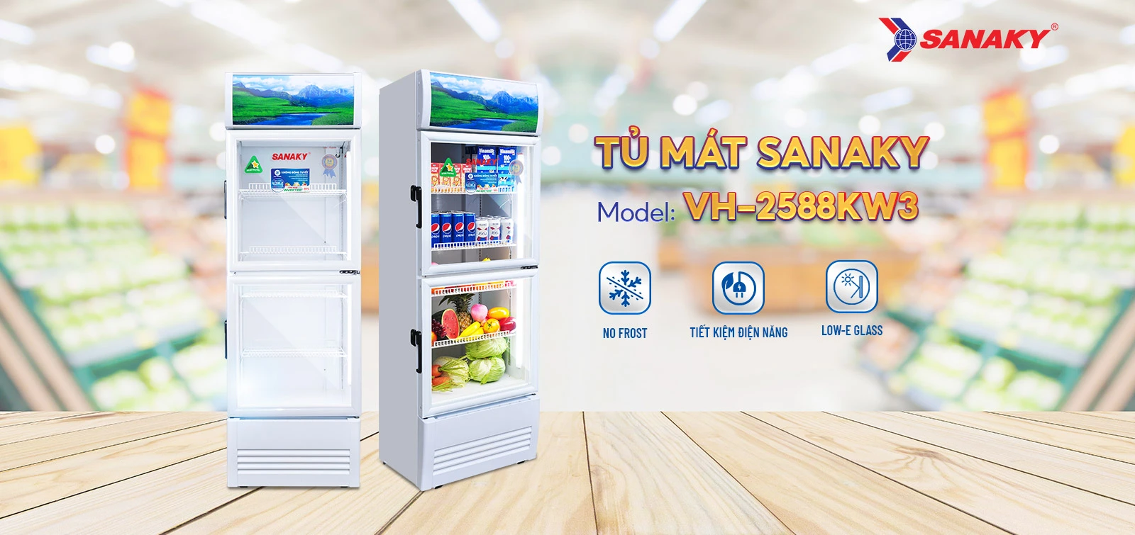 Tủ mát Sanaky VH-2588KW3 Tủ mát 200 lít Sanaky Inverter VH-2588KW3 với công nghệ No Frost và kính Low-E