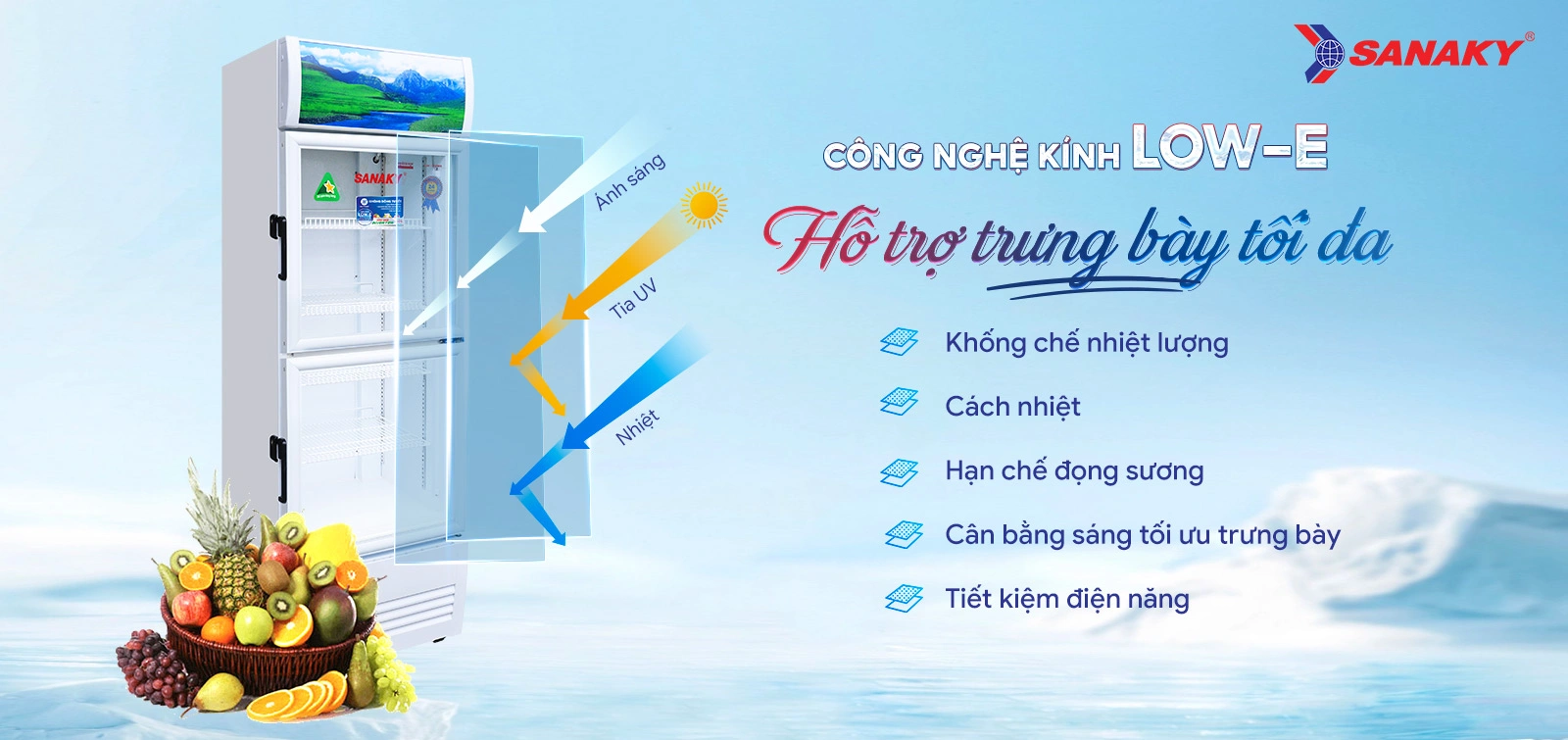 Công nghệ kính Low-E hỗ trợ trưng bày tối đa Công nghệ kính Low-E trên tủ mát 200 lít Sanaky Inverter VH-2588KW3 hỗ trợ trưng bày tối đa