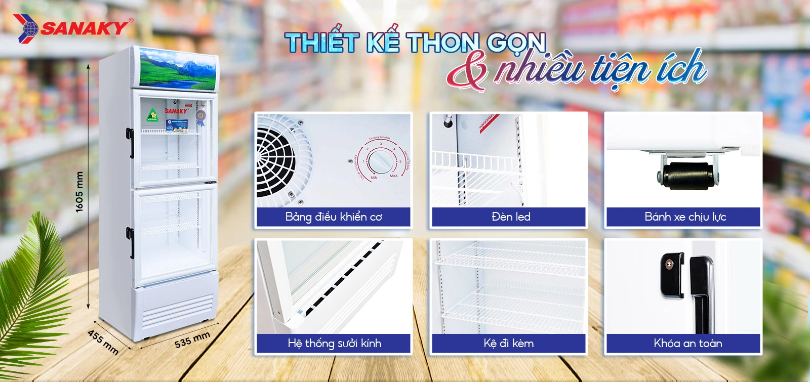Thiết kế thon gọn cùng nhiều tiện ích Tủ mát 200 lít Sanaky Inverter VH-2588KW3 thiết kế thon gọn với bảng điều khiển cơ, đèn LED và bánh xe chịu lực