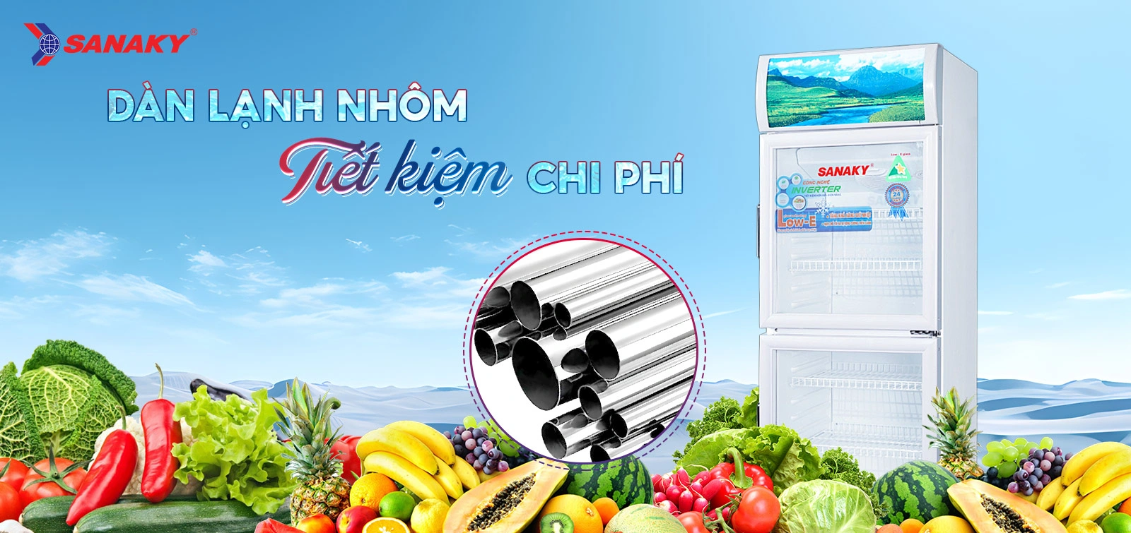 Dàn lạnh nhôm tiết kiệm chi phí Dàn lạnh nhôm trên tủ mát 200 lít Sanaky Inverter VH-258W3L