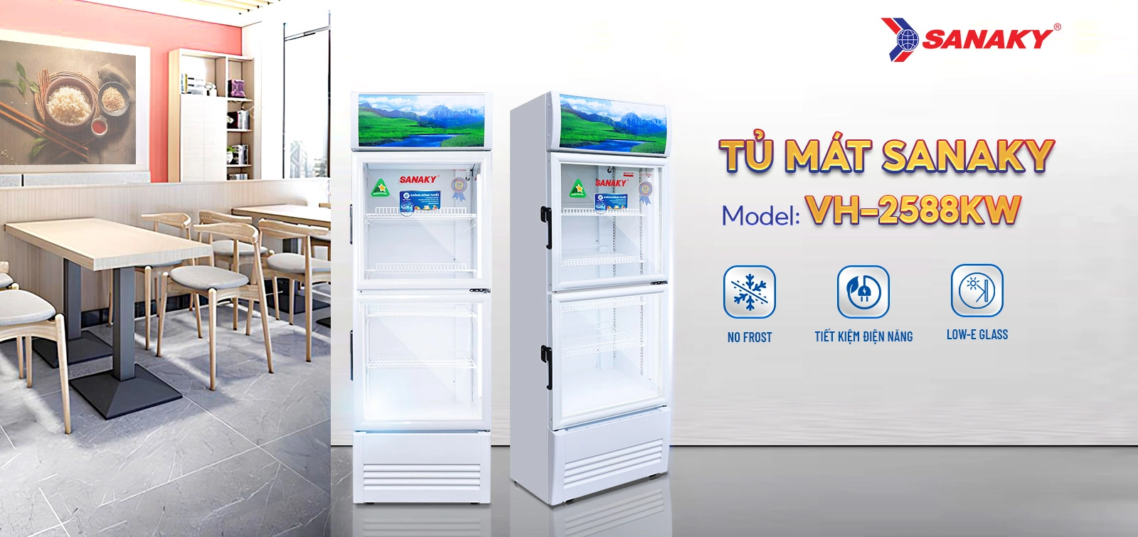 Tủ mát Sanaky VH-2588KW Tủ mát 200 lít Sanaky VH-2588KW với cửa kính và hệ thống kệ trưng bày