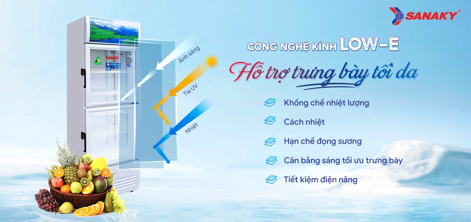 Công nghệ kính Low-E hỗ trợ trưng bày tối đa Tủ mát 200 lít Sanaky VH-2588KW trang bị công nghệ kính Low-E hỗ trợ trưng bày tối đa