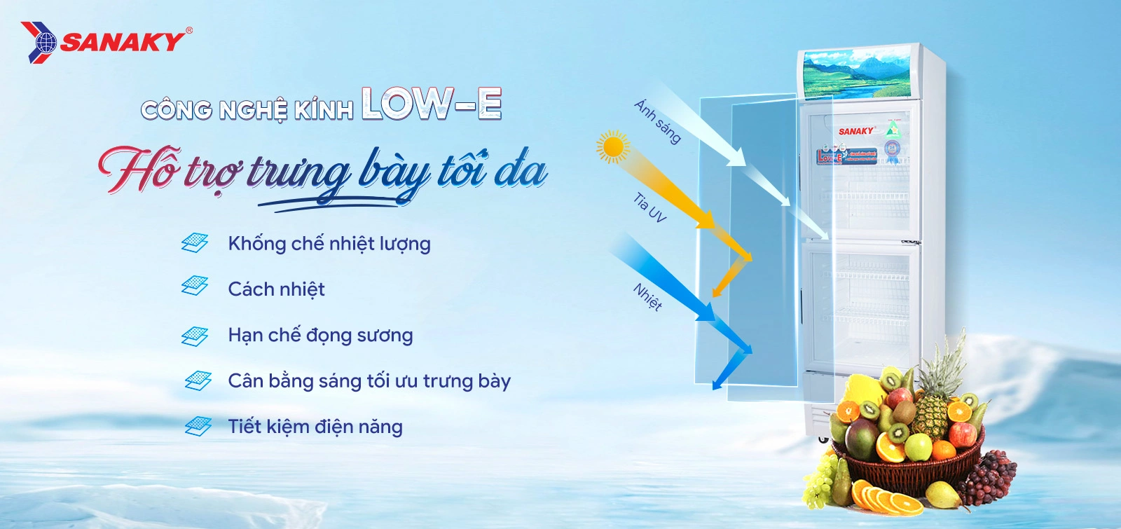 Công nghệ kính Low-E hỗ trợ trưng bày tối đa Công nghệ kính Low-E trên tủ mát 200 lít Sanaky VH-258WL hỗ trợ trưng bày tối đa