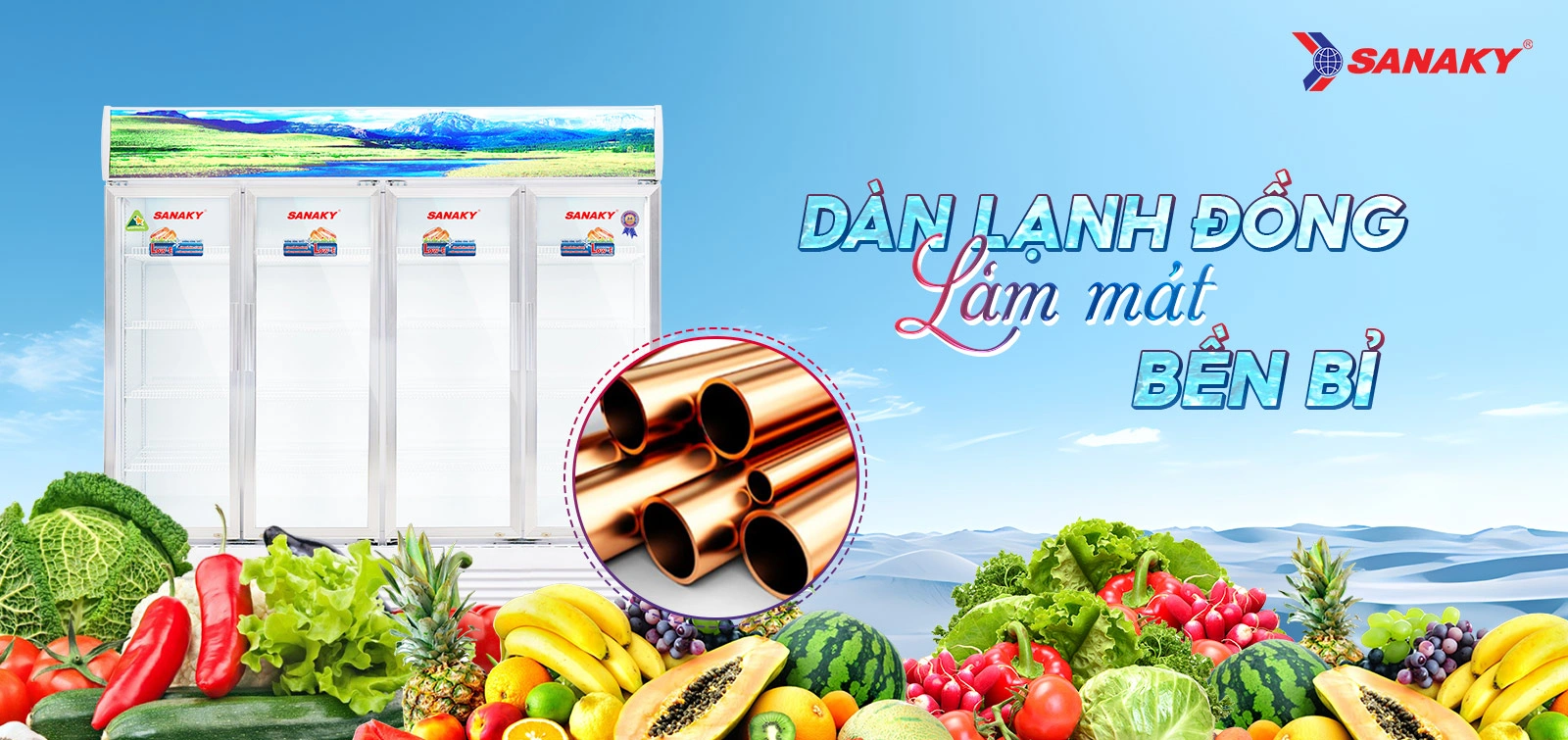 Dàn lạnh đồng làm mát bền bỉ Dàn lạnh đồng làm mát bền bỉ trên tủ mát 2000 lít Sanaky VH-2209HP