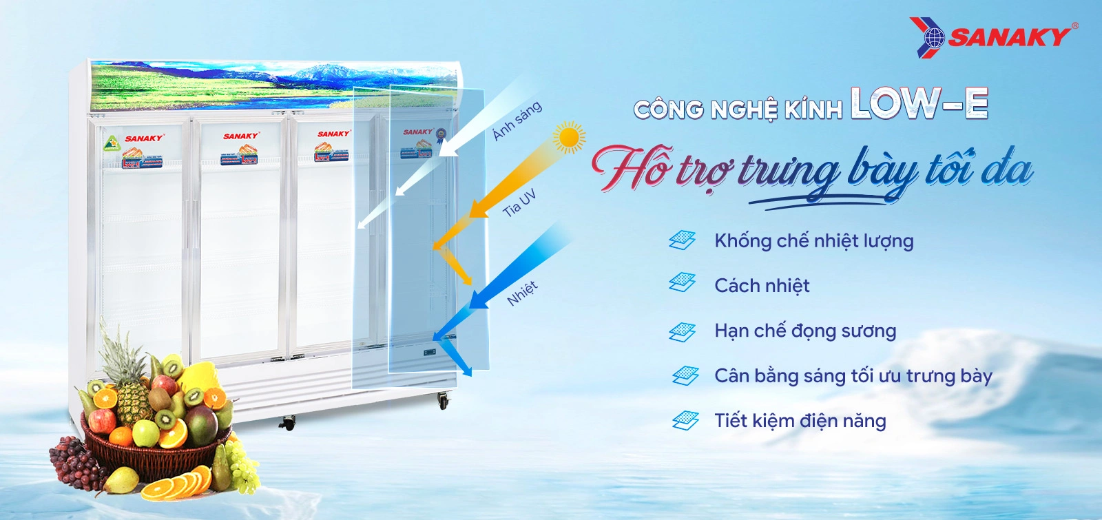 Công nghệ kính Low-E hỗ trợ trưng bày tối đa Công nghệ kính Low-E trên tủ mát 2000 lít Sanaky VH-2209HP hỗ trợ trưng bày tối đa