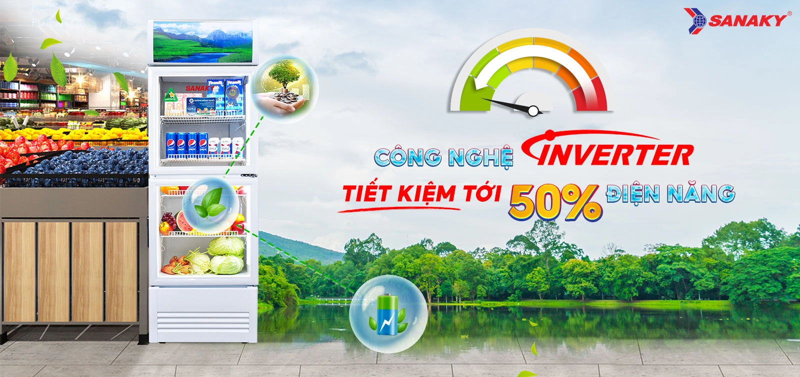Công nghệ Inverter tiết kiệm tới 50% điện năng Tủ mát 240 lít Sanaky Inverter VH-3088KW3 với công nghệ Inverter tiết kiệm điện