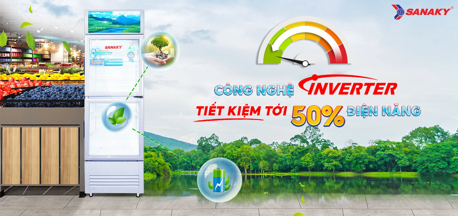 Công nghệ Inverter tiết kiệm tới 50% điện năng Tủ mát 240 lít Sanaky Inverter VH-308W3L – Công nghệ Inverter trên tủ mát Sanaky VH-308W3L giúp tiết kiệm tới 50% điện năng