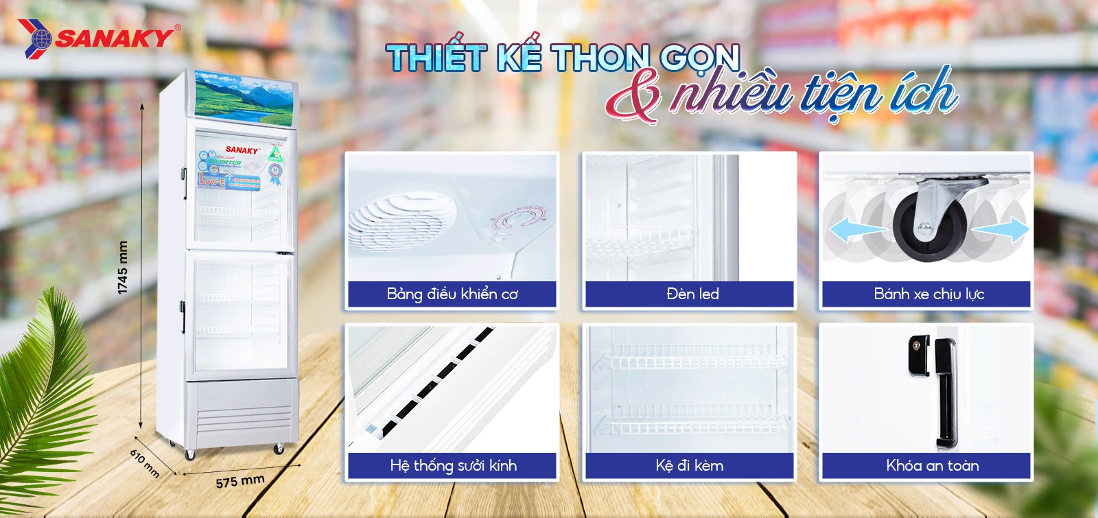 Tủ Mát Sanaky VH-308W3L có kích thước chỉ 575 x 610 x 1745mm Tủ mát 240 lít Sanaky Inverter VH-308W3L thiết kế thon gọn với bảng điều khiển cơ và đèn LED