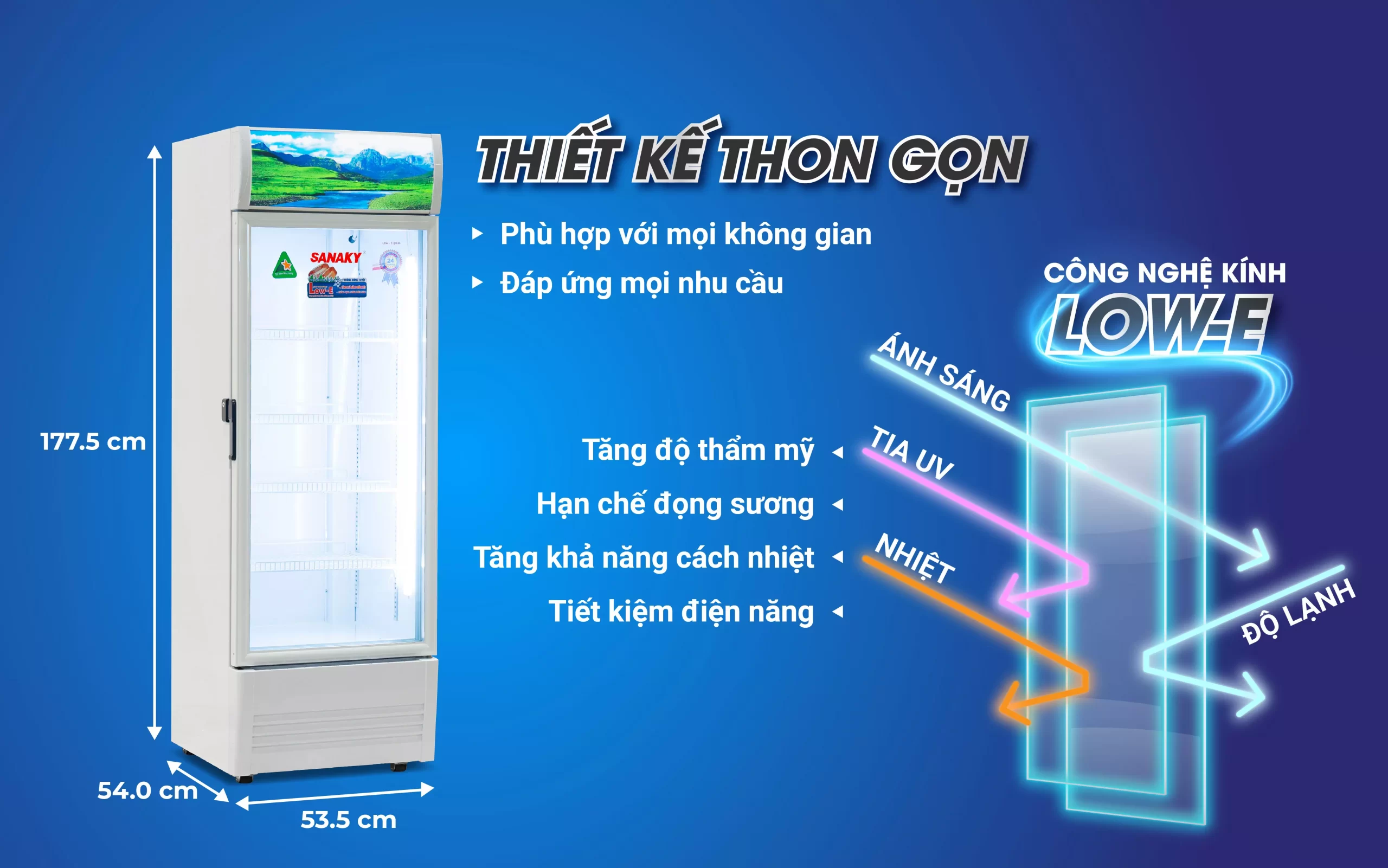 Tủ mát 240 lít Sanaky VH-2589K thiết kế gọn với công nghệ kính Low-E