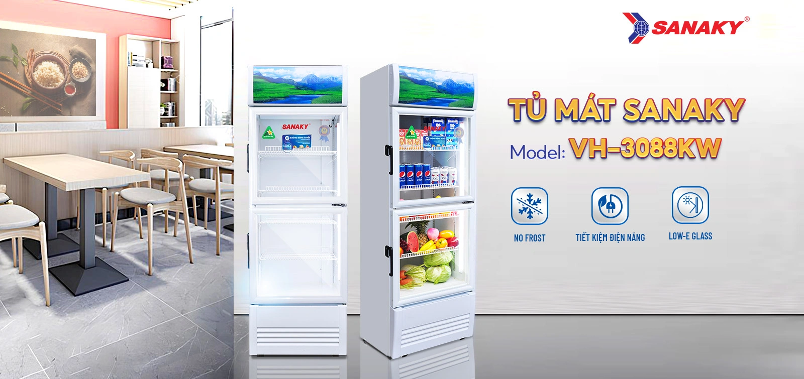 Tủ mát 240 lít Sanaky VH-3088KW với cửa kính và hệ thống kệ trưng bày