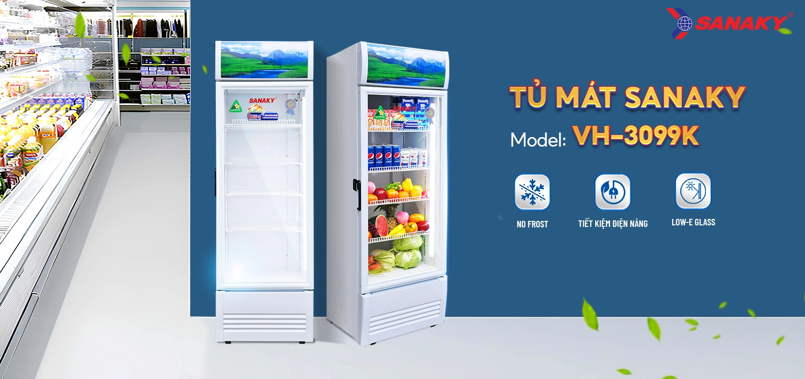 Tủ mát Sanaky VH-3099K Tủ mát 240 lít Sanaky VH-3099K với thiết kế cửa kính và hệ thống kệ trưng bày