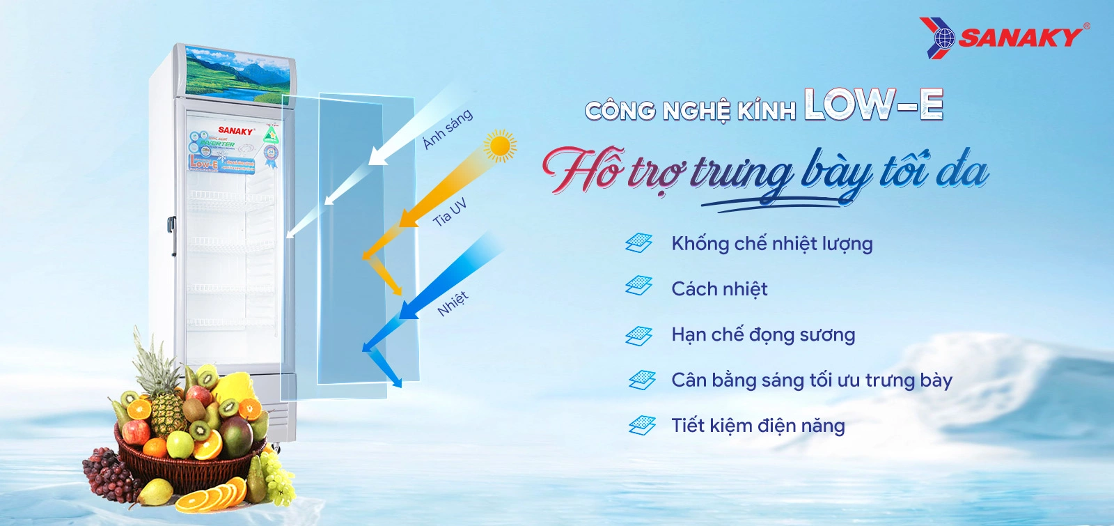 Công nghệ kính Low-E hỗ trợ trưng bày tối đa Công nghệ kính Low-E trên tủ mát 290 lít Sanaky Inverter VH-358K3L hỗ trợ trưng bày tối đa