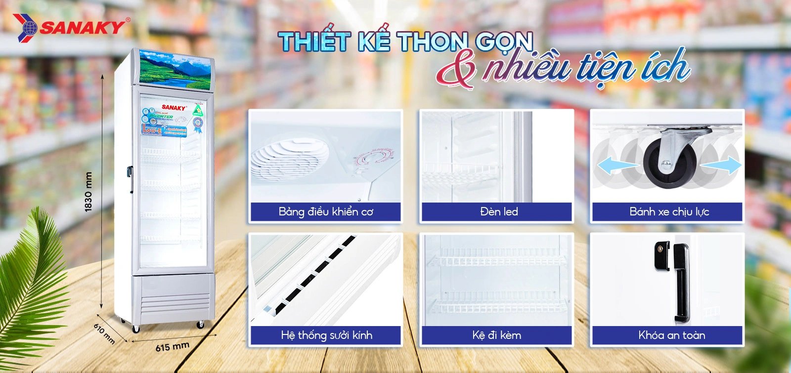 Thiết kế thon gọn cùng nhiều tiện ích Tủ mát 290 lít Sanaky Inverter VH-358K3L thiết kế thon gọn với bảng điều khiển cơ, đèn LED và bánh xe chịu lực