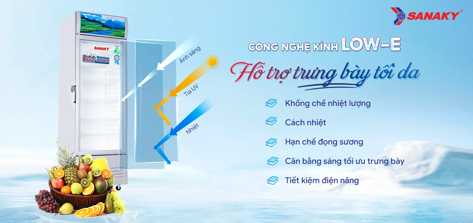 Công nghệ kính Low-E hỗ trợ trưng bày tối đa Công nghệ kính Low-E trên tủ mát 290 lít Sanaky VH-358KL hỗ trợ trưng bày tối đa
