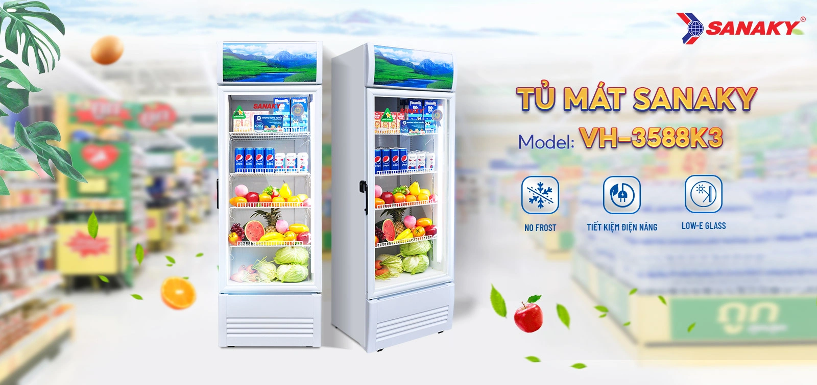 Tủ mát Sanaky VH-3588K3 Tủ mát 300 lít Sanaky Inverter VH-3588K3 với cửa kính và hệ thống kệ trưng bày