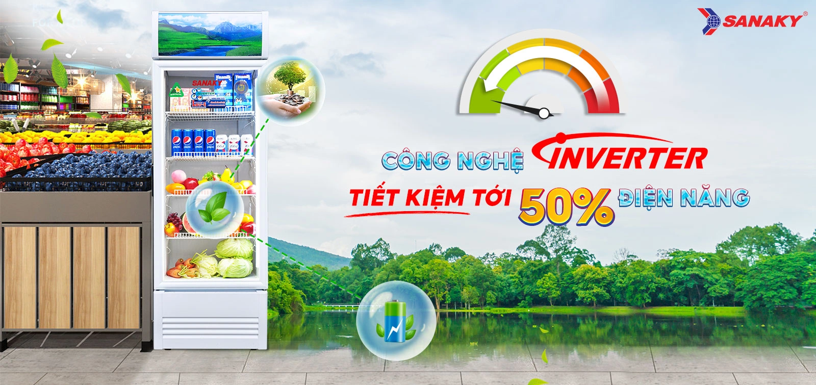 Công nghệ Inverter tiết kiệm tới 50% điện năng Công nghệ Inverter trên tủ mát 300 lít Sanaky Inverter VH-3599K3 tiết kiệm tới 50% điện năng