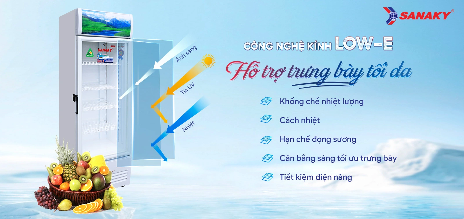 Công nghệ kính Low-E hỗ trợ trưng bày tối đa Tủ mát 300 lít Sanaky Inverter VH-3599K3 với công nghệ kính Low-E hỗ trợ trưng bày tối đa