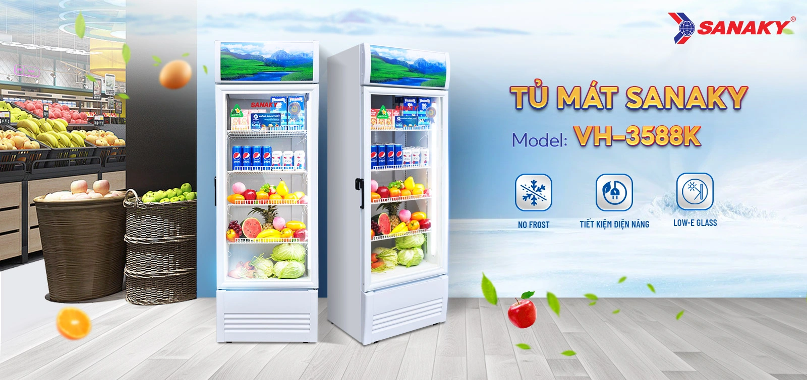 Tủ mát Sanaky VH-3588K Tủ mát 300 lít Sanaky VH-3588K với thiết kế cửa kính và hệ thống kệ trưng bày