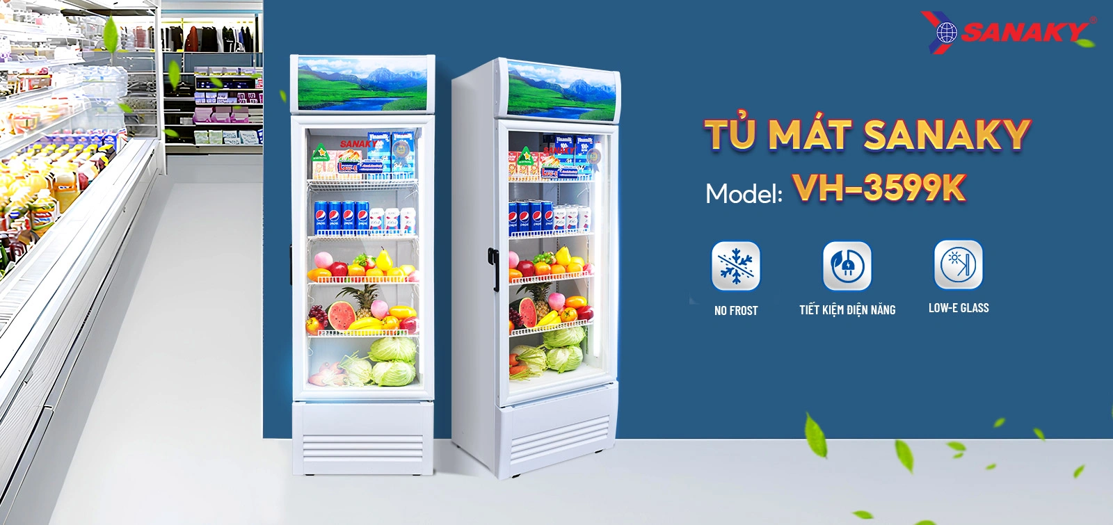 Tủ mát 300 lít Sanaky VH-3599K với cửa kính và hệ thống kệ trưng bày