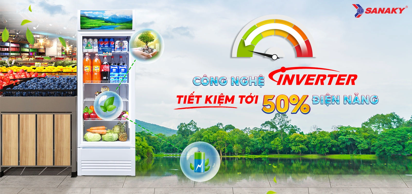 Công nghệ Inverter tiết kiệm tới 50% điện năng Công nghệ Inverter trên tủ mát 350 lít Sanaky Inverter VH-4088K3 tiết kiệm điện năng