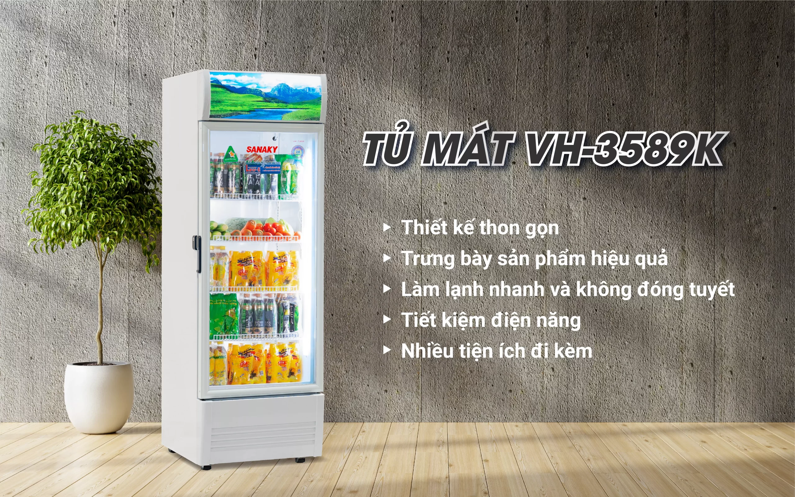 Tủ mát 350 lít Sanaky VH-3589K thiết kế cửa kính trưng bày thực phẩm