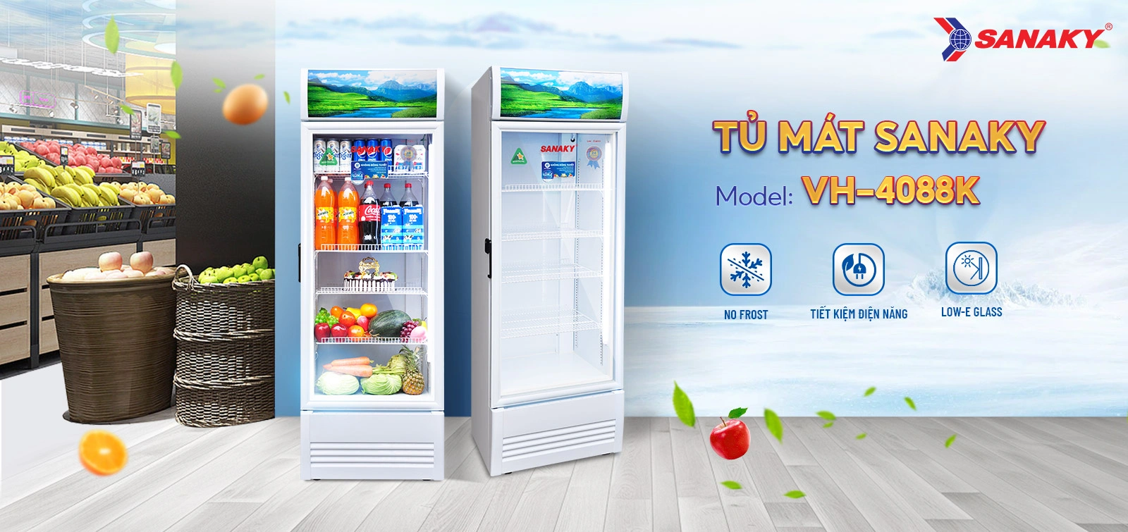 Tủ mát Sanaky VH-4088K Tủ mát 350 lít Sanaky VH-4088K với cửa kính và hệ thống kệ trưng bày