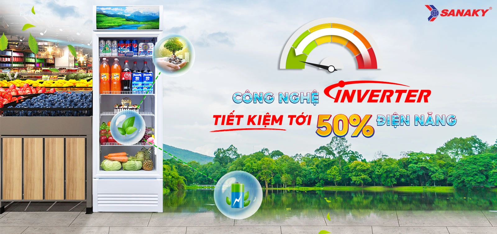 Công nghệ Inverter tiết kiệm tới 50% điện năng Công nghệ Inverter trên tủ mát 400 lít Sanaky Inverter VH-4599K3 tiết kiệm điện năng