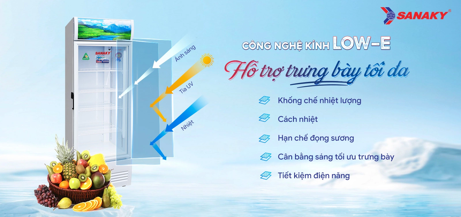 Công nghệ kính Low-E hỗ trợ trưng bày tối đa Tủ mát 480 lít Sanaky Inverter VH-5099K3 trang bị công nghệ kính Low-E hỗ trợ trưng bày tối đa