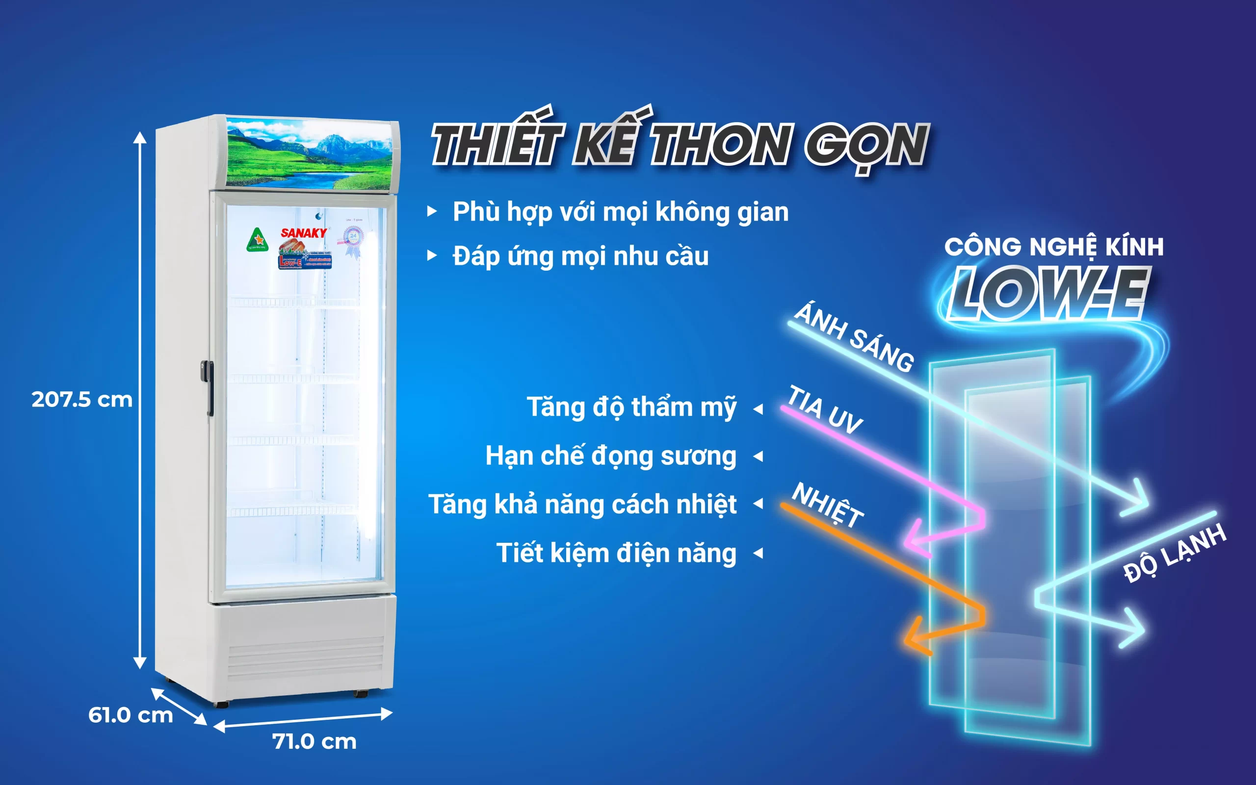 Tủ mát 480 lít Sanaky VH-5089K thiết kế gọn với công nghệ kính Low-E