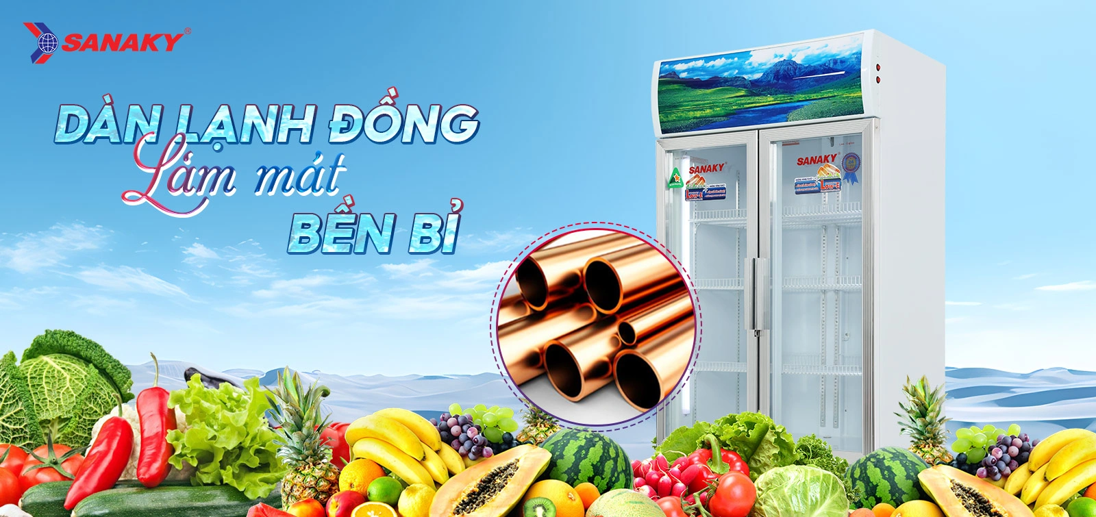 Dàn lạnh đồng làm mát bền bỉ Dàn lạnh đồng làm mát bền bỉ trên tủ mát 500 lít Sanaky VH-6009HP