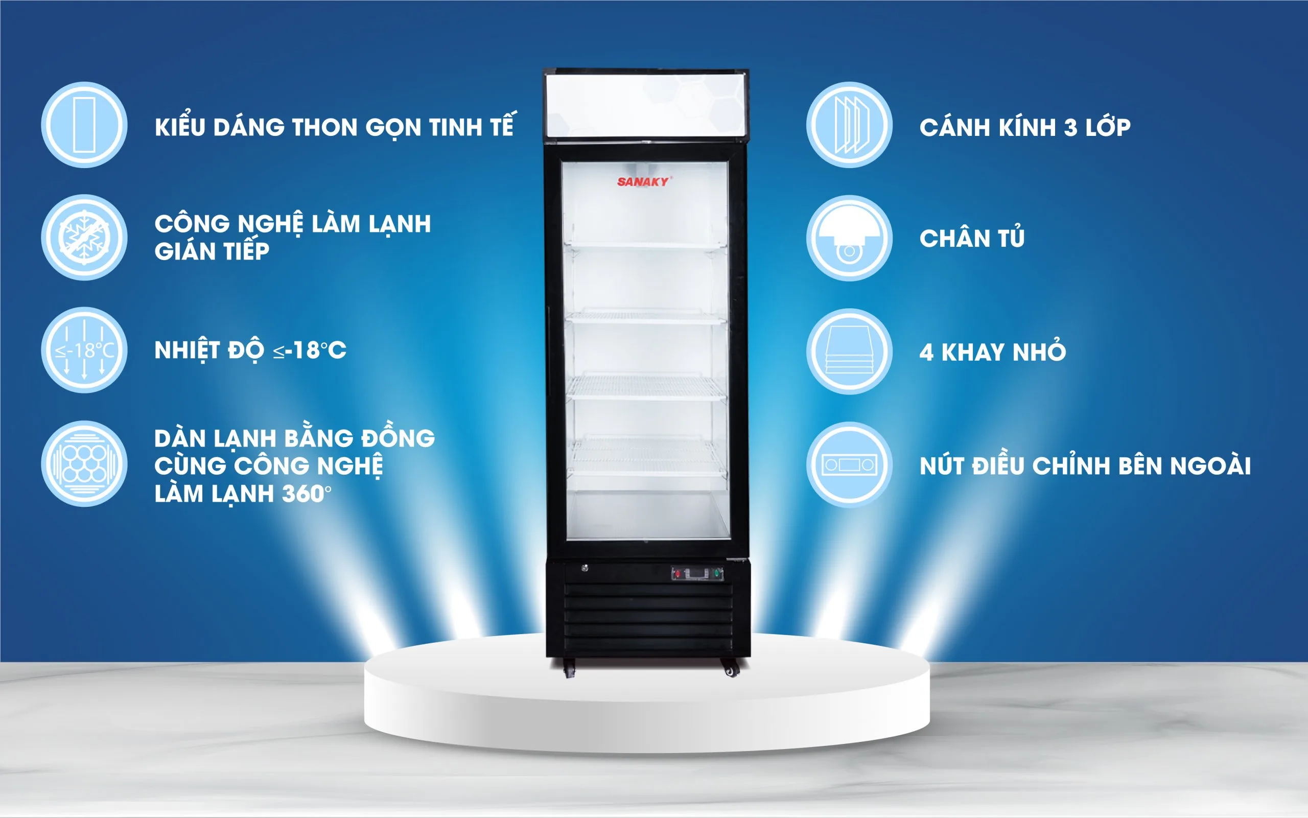Tủ mát 590 lít Sanaky VH-768K thiết kế cửa kính 3 lớp và dàn lạnh đồng