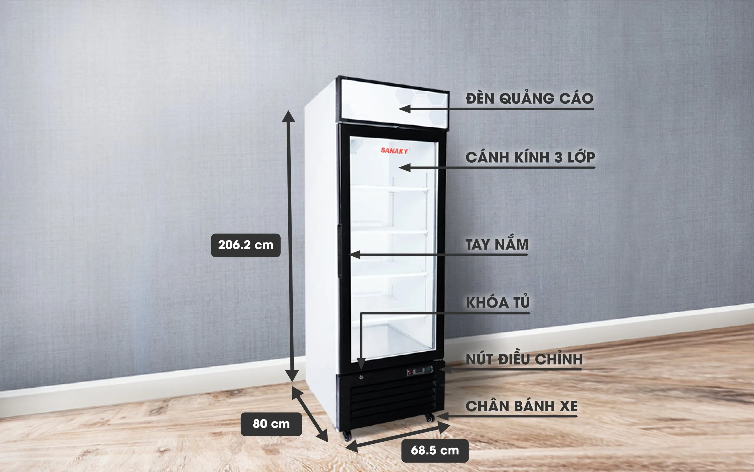 Tủ mát 590 lít Sanaky VH-768K với thiết kế cửa kính 3 lớp và đèn quảng cáo