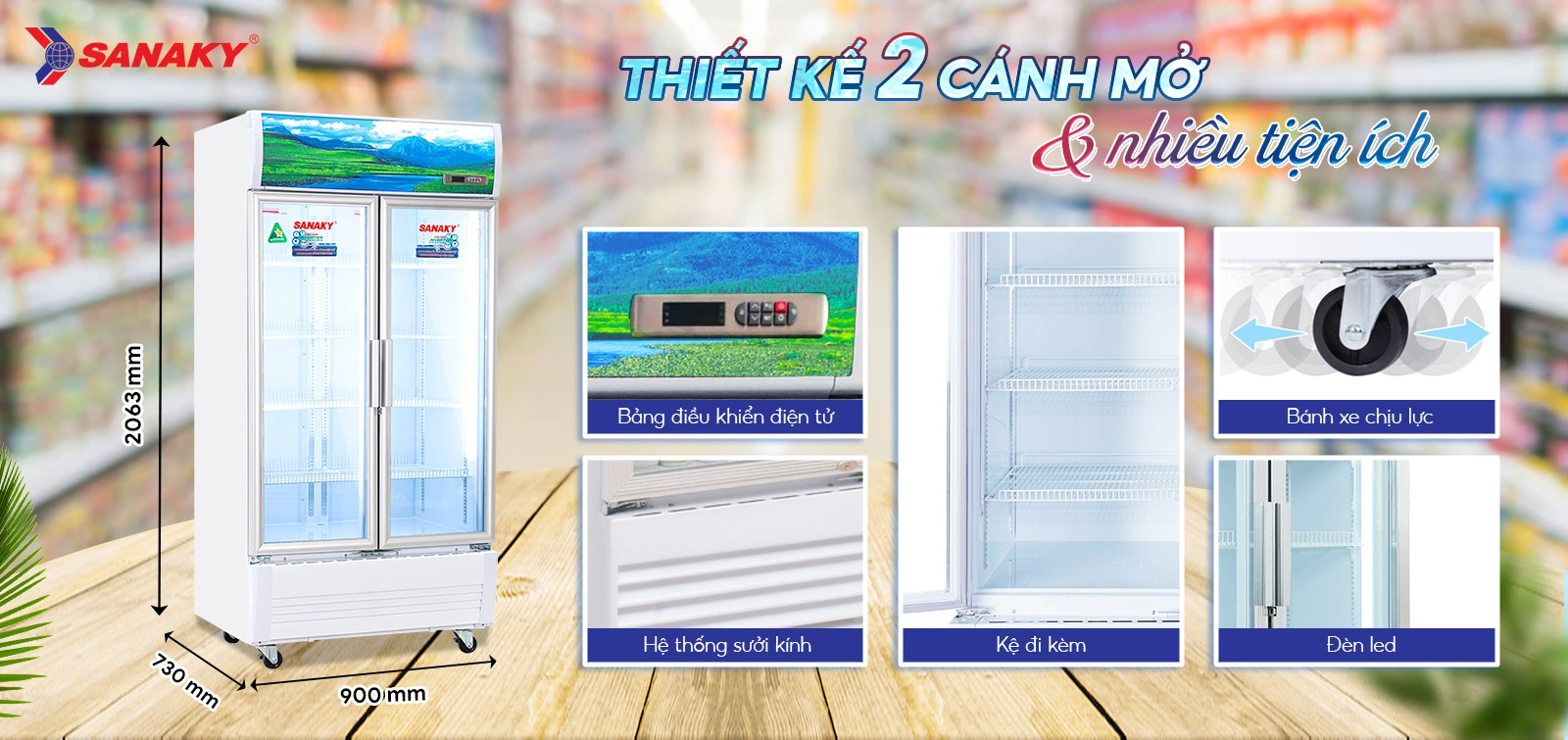 Thiết kế Tủ Mát Sanaky VH-8009HP3 2 cánh mở cùng nhiều tiện ích Thiết kế Tủ mát 700 lít Sanaky Inverter VH-8009HP3 với cửa kính 2 cánh mở và hệ thống kệ trưng bày