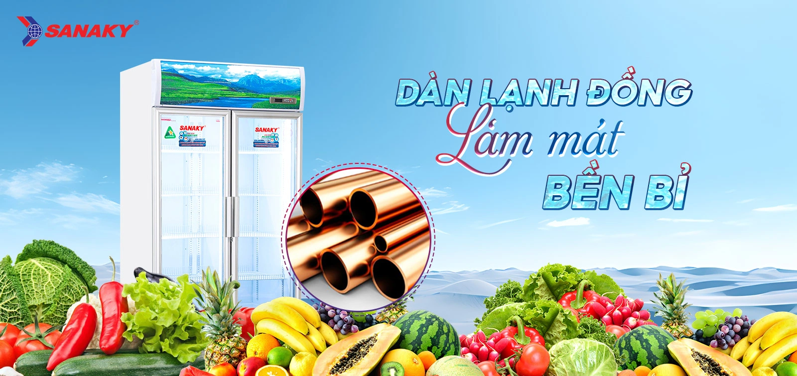 Dàn lạnh đồng làm mát bền bỉ Dàn lạnh đồng làm mát bền bỉ trên tủ mát 700 lít Sanaky Inverter VH-8009HP3