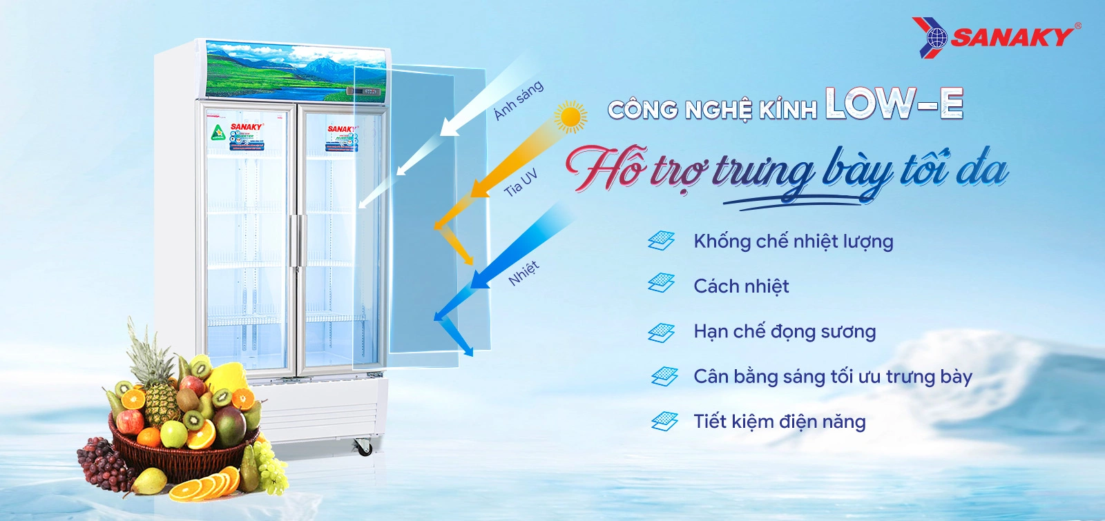Công nghệ kính Low-E hỗ trợ trưng bày tối đa Tủ mát 700 lít Sanaky Inverter VH-8009HP3 với công nghệ kính Low-E hỗ trợ trưng bày tối đa