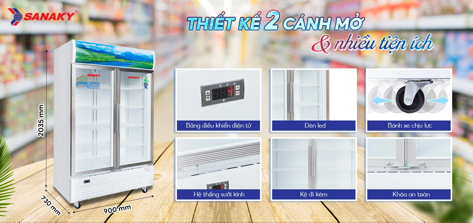 Thiết kế Tủ Mát Sanaky VH-8009HP 2 cánh mở cùng nhiều tiện ích Thiết kế Tủ mát 700 lít Sanaky VH-8009HP 2 cánh mở với bảng điều khiển điện tử và đèn LED