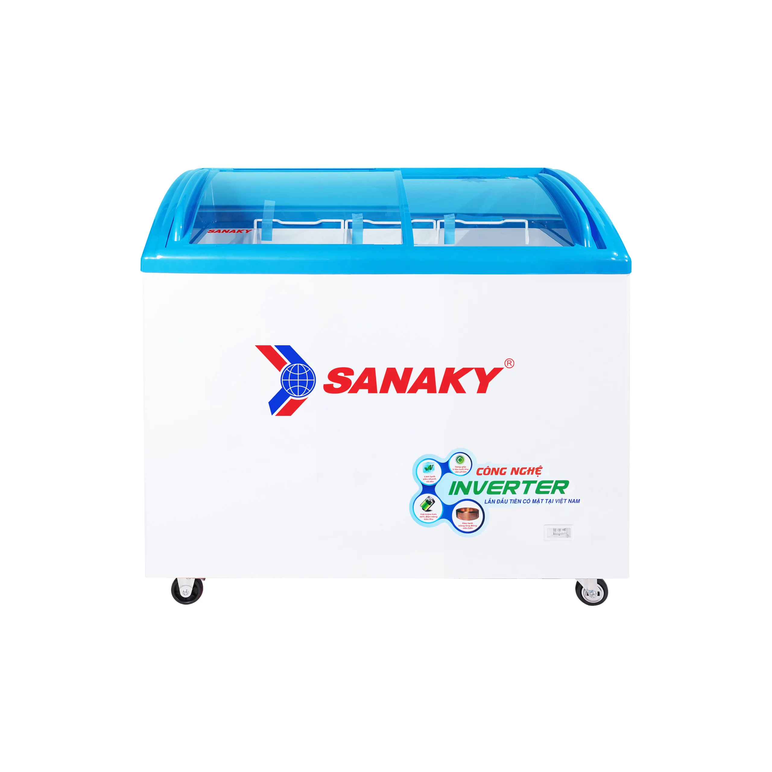 Tủ đông kính cong 211 lít Sanaky Inverter VH-2899K3 mặt kính xanh