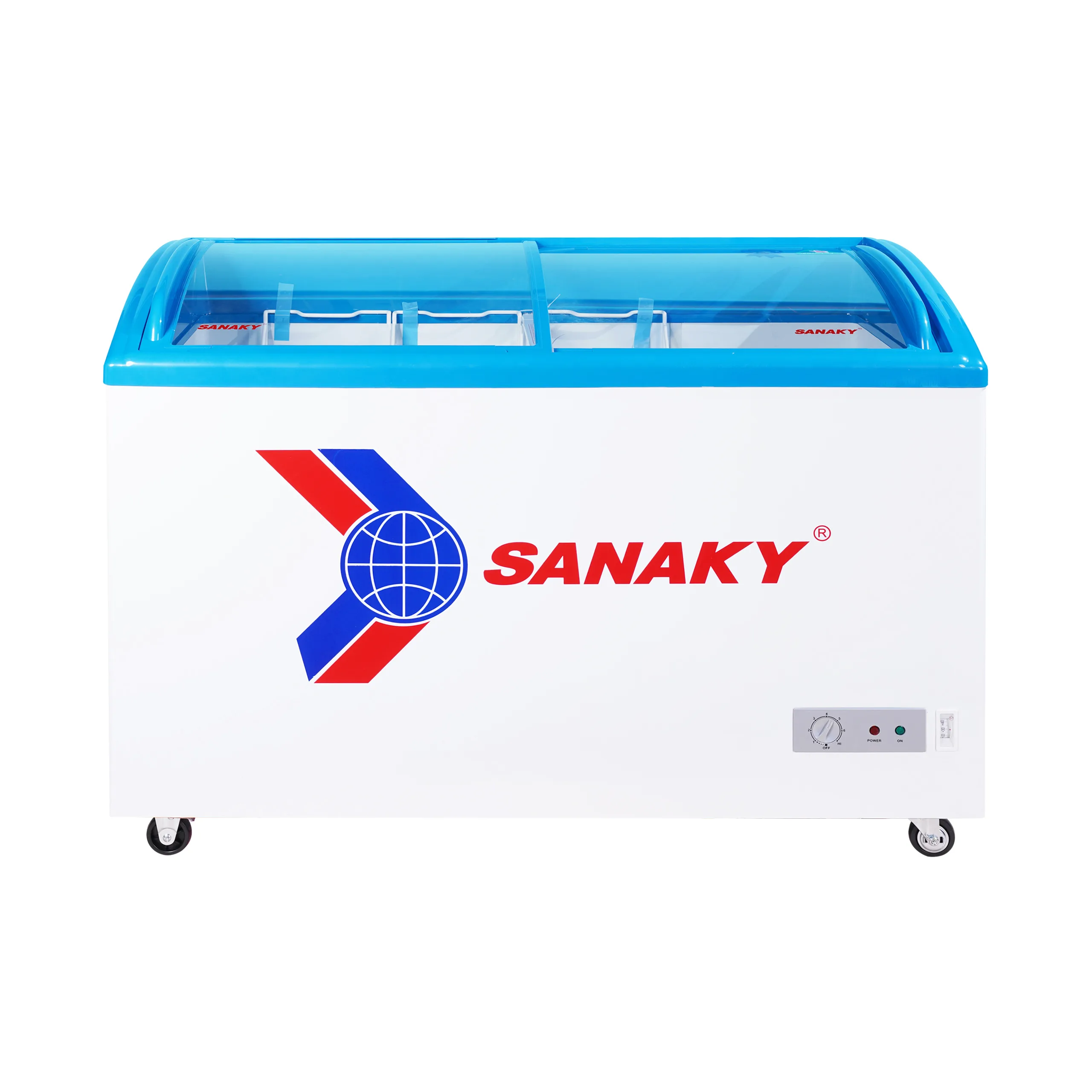 Tủ đông kính cong 260 lít Sanaky VH-382K với mặt kính cong và thiết kế cánh lùa