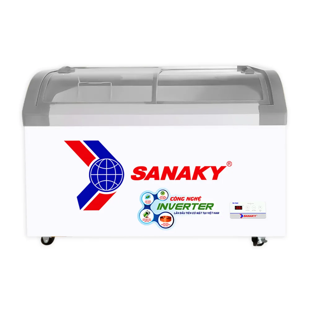 Tủ đông kính cong 280 lít Sanaky Inverter VH-3899K3B mặt trước với logo và công nghệ Inverter