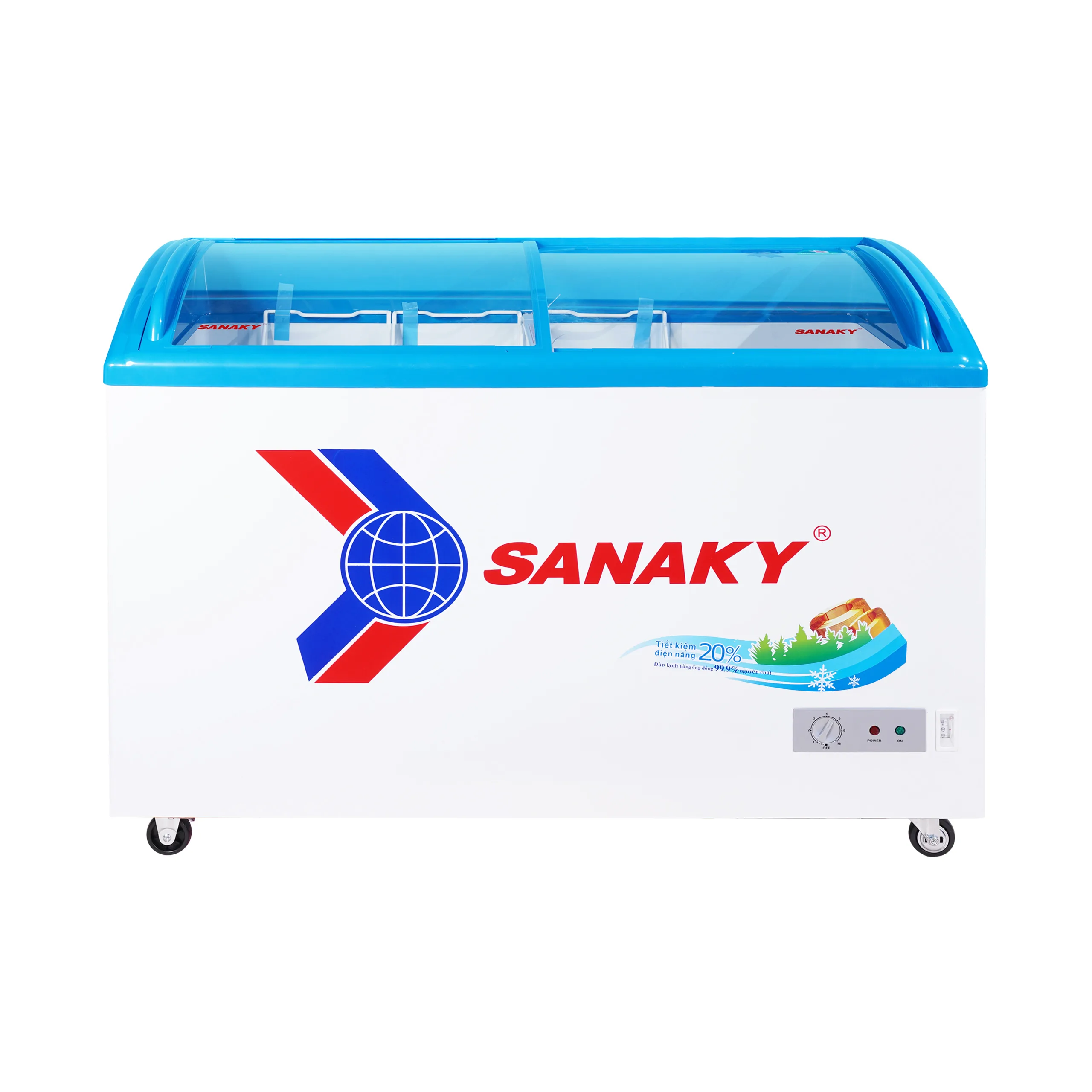 Tủ đông kính cong 324 lít Sanaky VH-4899K với mặt kính cong và cánh lùa