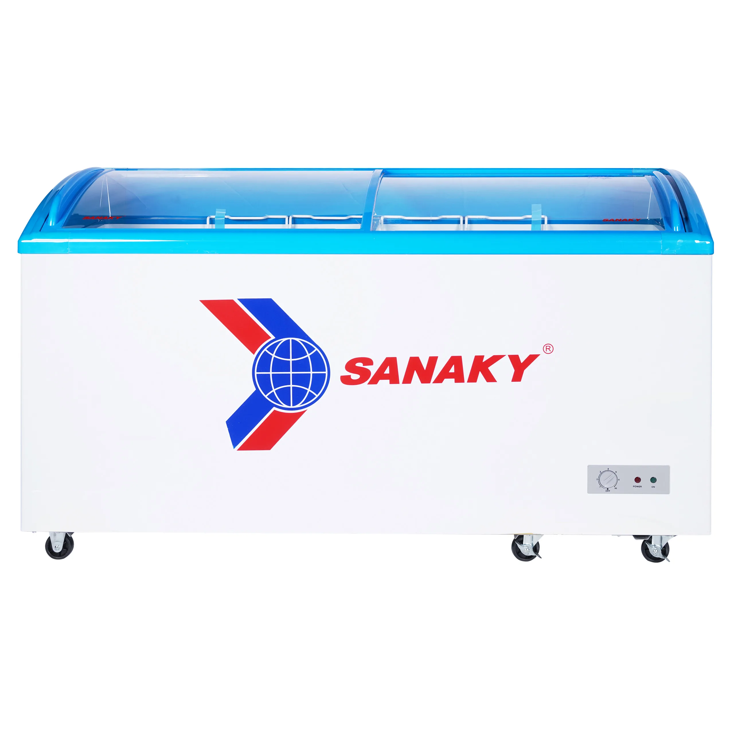 Tủ đông kính cong 437 lít Sanaky VH-682K với mặt kính cong và thiết kế hiện đại