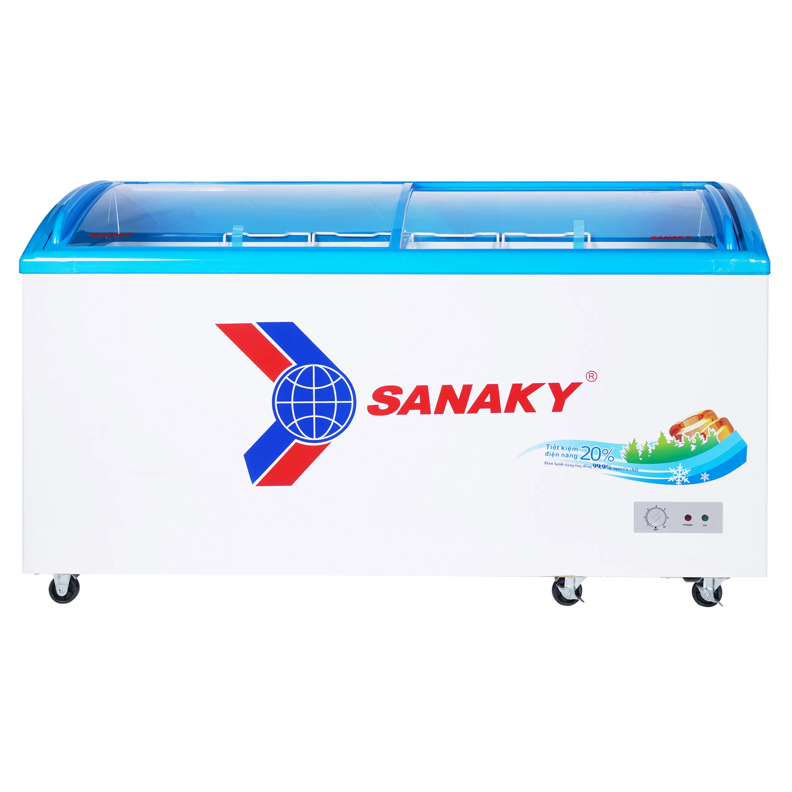 Tủ đông kính cong 437 lít Sanaky VH-6899K với thiết kế mặt kính cong và cánh lùa